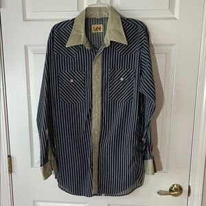 Vintage Lee Men's Western Blue and Tan Contrast‎ Striped Button Down Shirt, XL